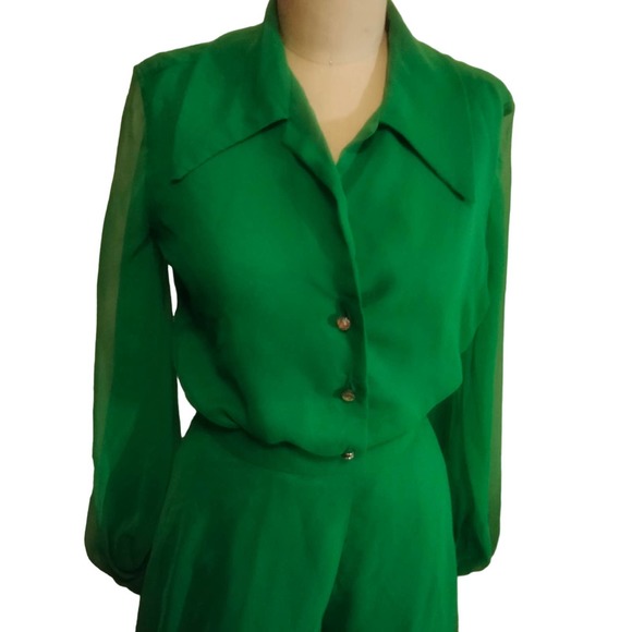 Lilli Diamond Green Chiffon Top and Palazzo Pant 2 Pc Outfit Set Vintage S - Picture 11 of 13